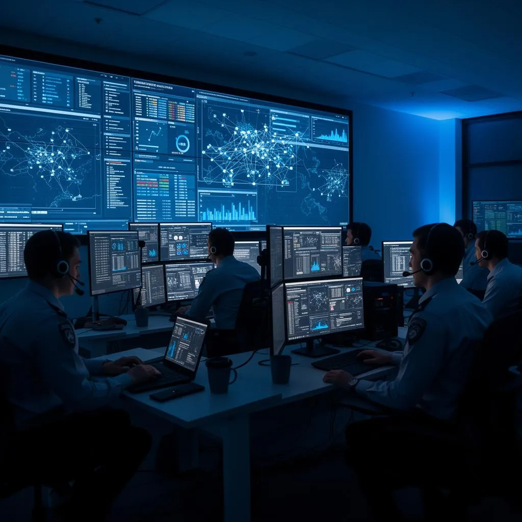 Equipe monitorando informações em sala de operações